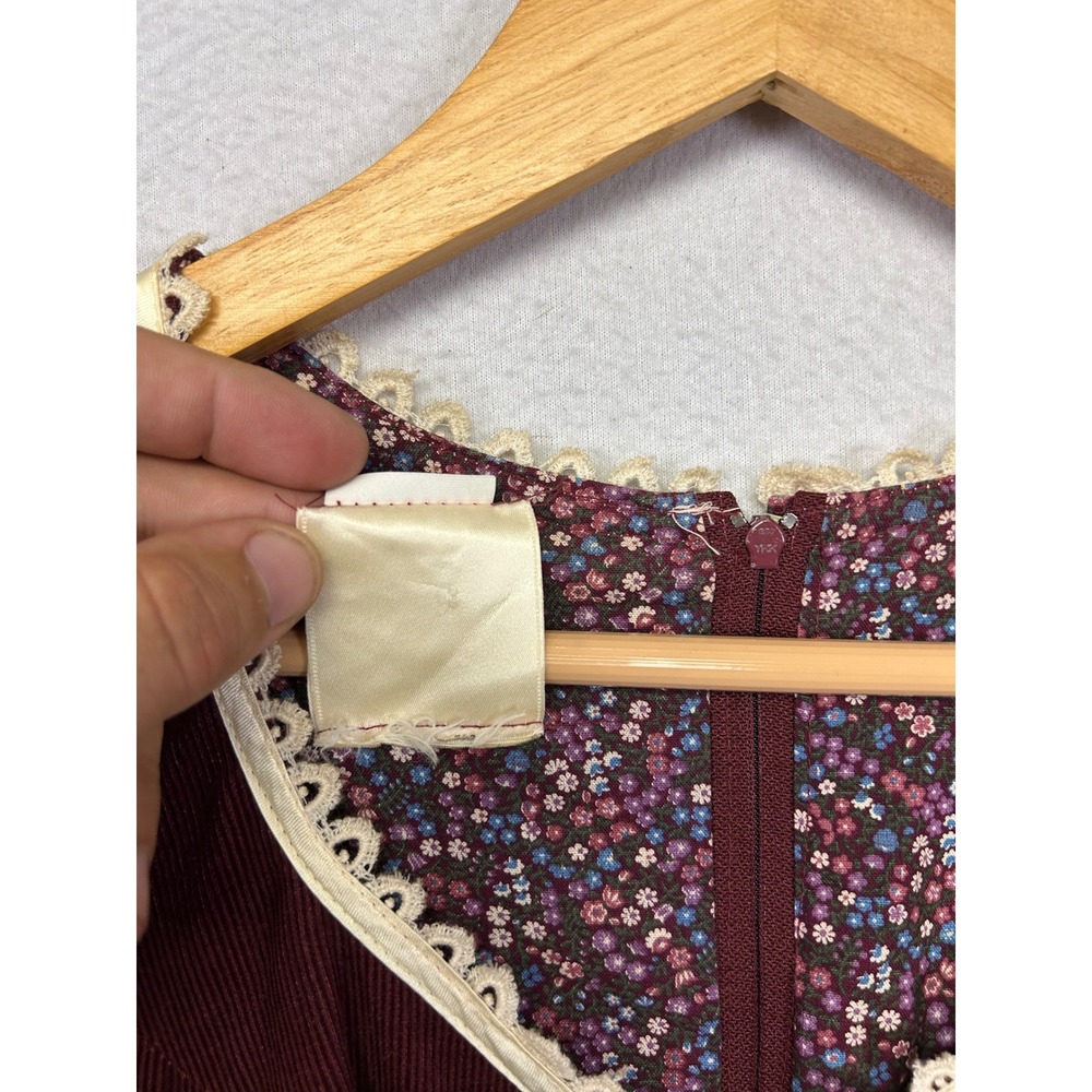 Gunne Sax Vintage Prairie Dress Womens XS Burgundy Floral Lace 70s Boho Dress - Picture 8 of 13